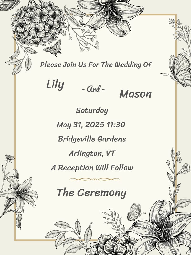 Vintage wedding invitation with botanical illustrations, butterflies, and gold border on cream background.