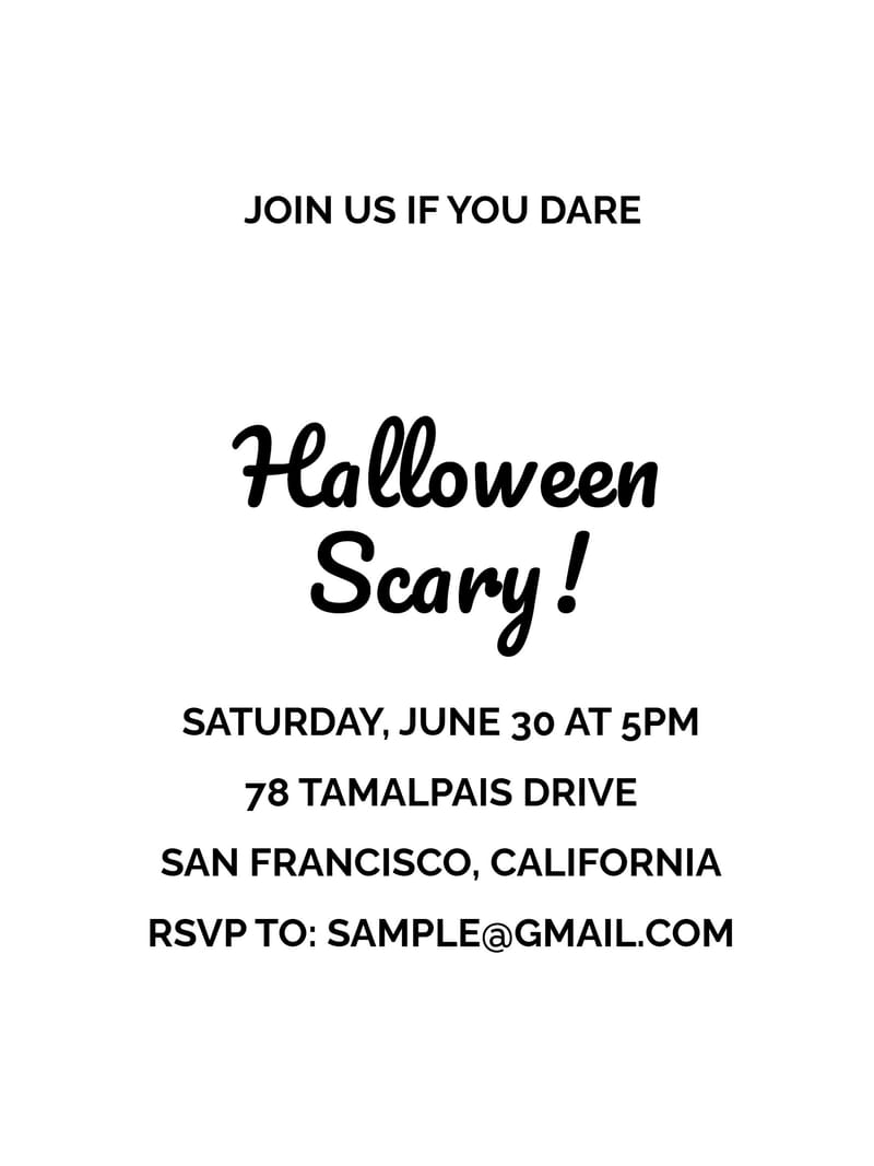 Black and white Halloween party invitation with bold handwritten script title and sans-serif event details.