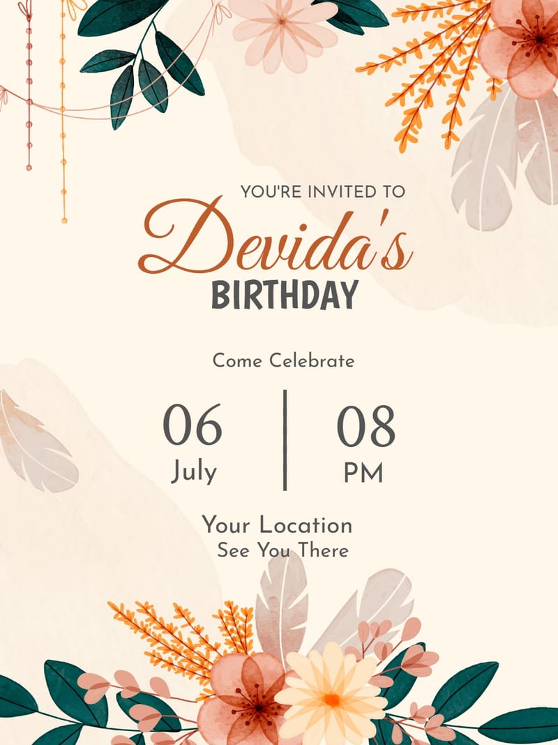 Floral birthday invitation with teal leaves, peach flowers, orange sprigs, and rust cursive text on cream background.