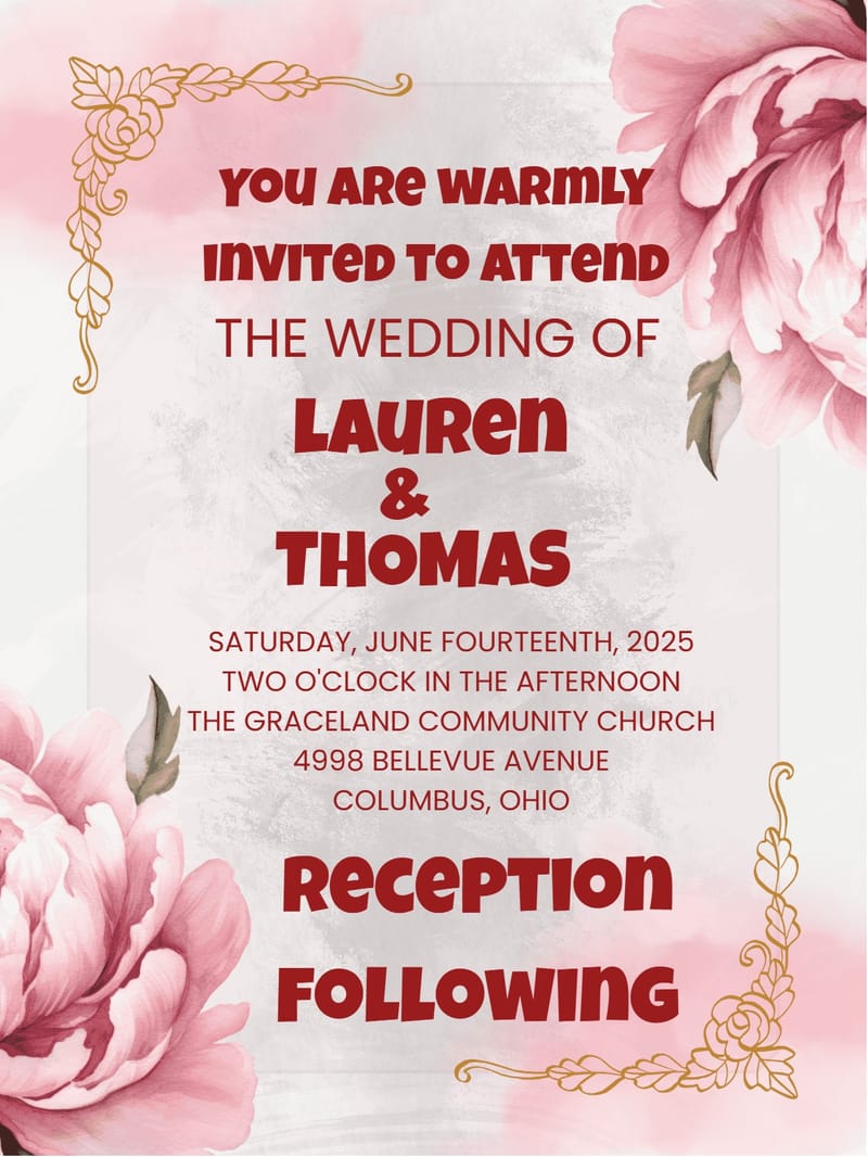 Pink peony watercolor wedding invitation with gold corner ornaments and bold red text.
