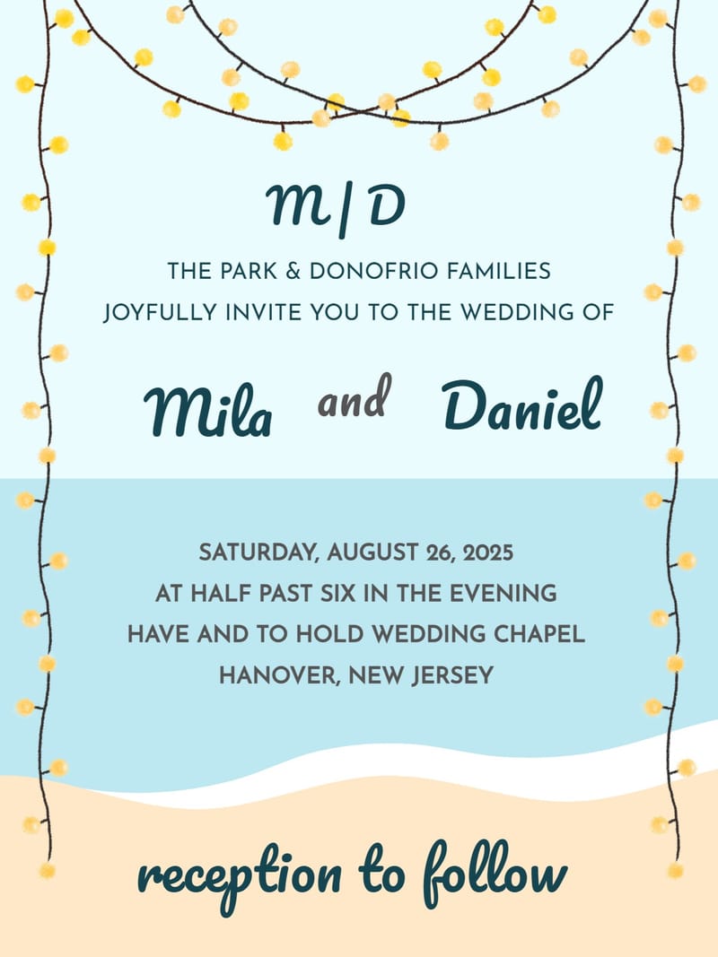 Beach wedding invitation with yellow string lights, ocean waves, and teal script typography.