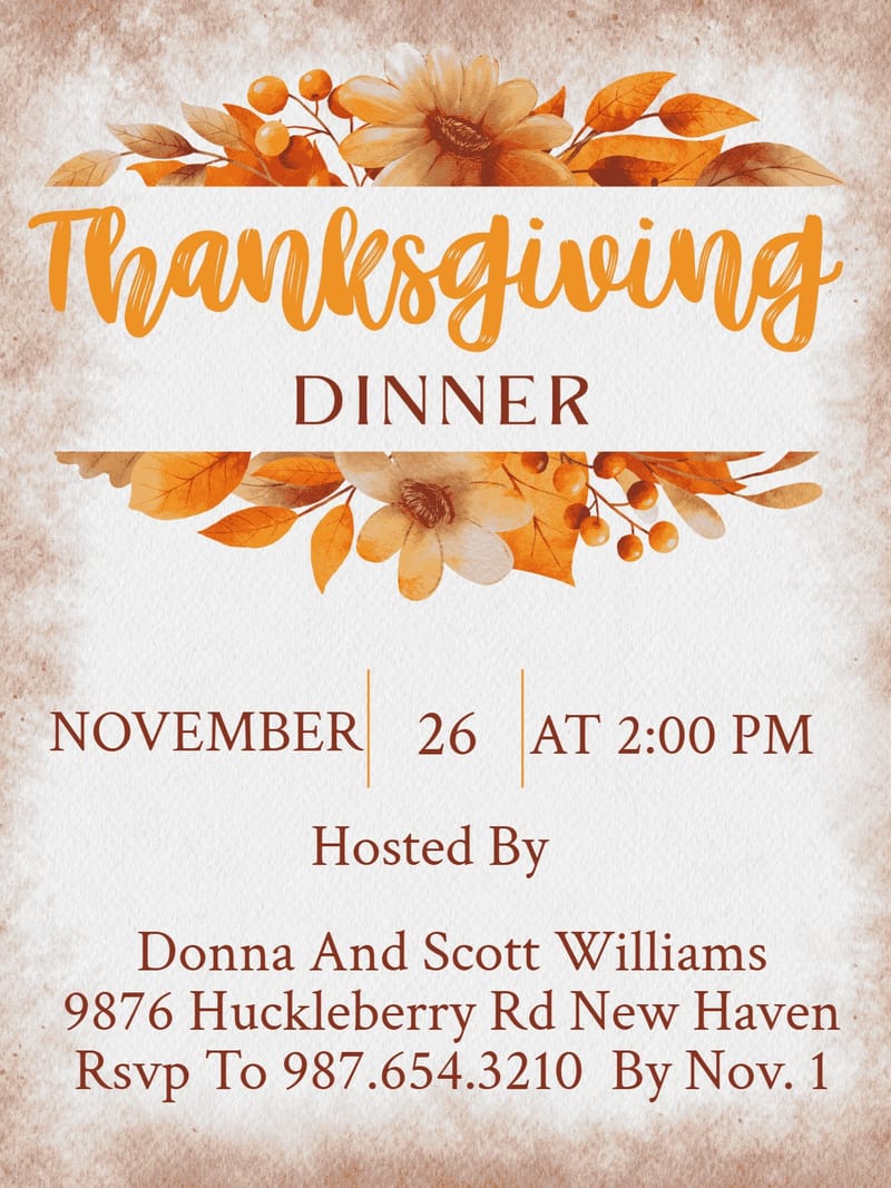 Thanksgiving dinner invitation with orange watercolor florals and parchment background.