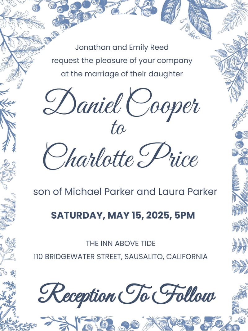 White wedding invitation with blue botanical border, script couple names, and venue details.