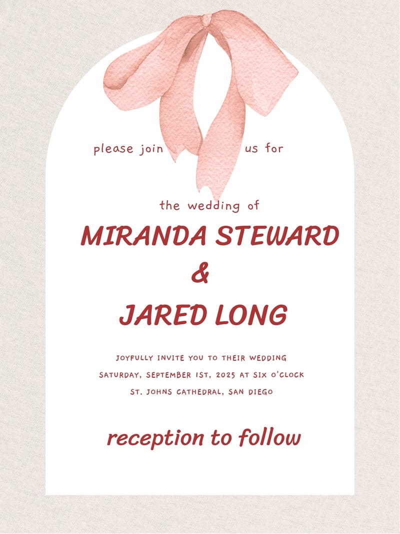 Arched wedding invitation with blush watercolor bow and dark-red typography on cream background.