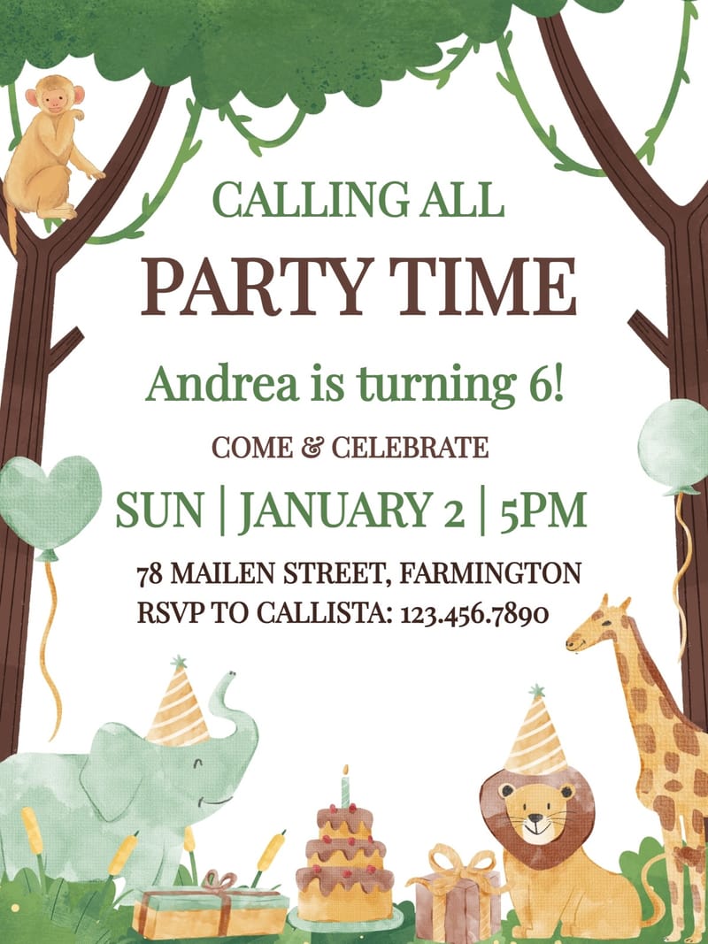 Elegant digital animal birthday invitation â giraf animal birthday theme Card template