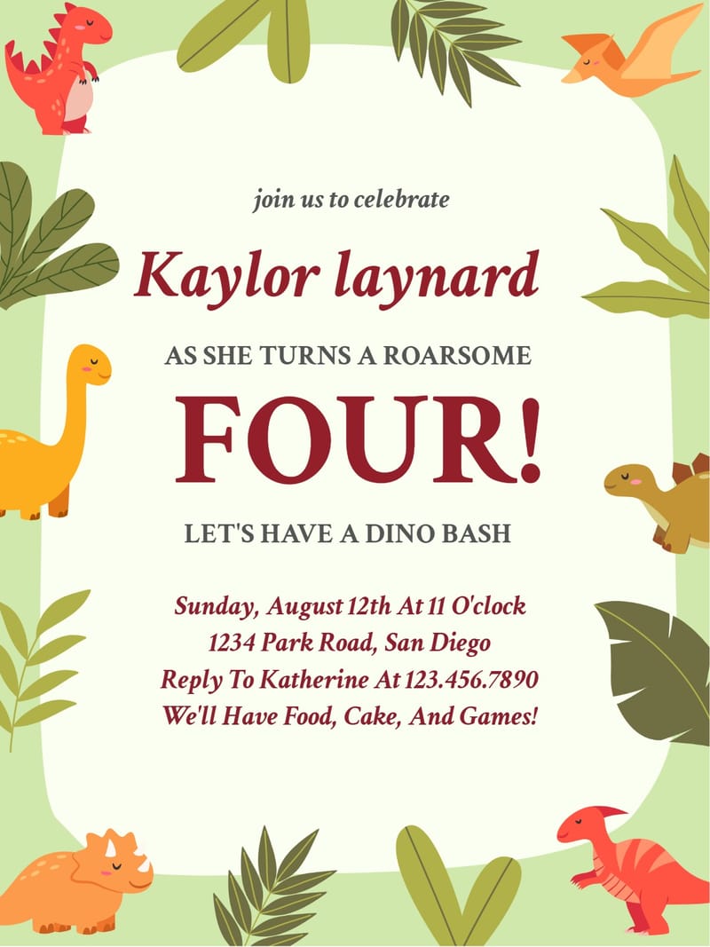 Elegant digital dinosaur birthday invitation card â amazing dinosaur birthday invitation Template template