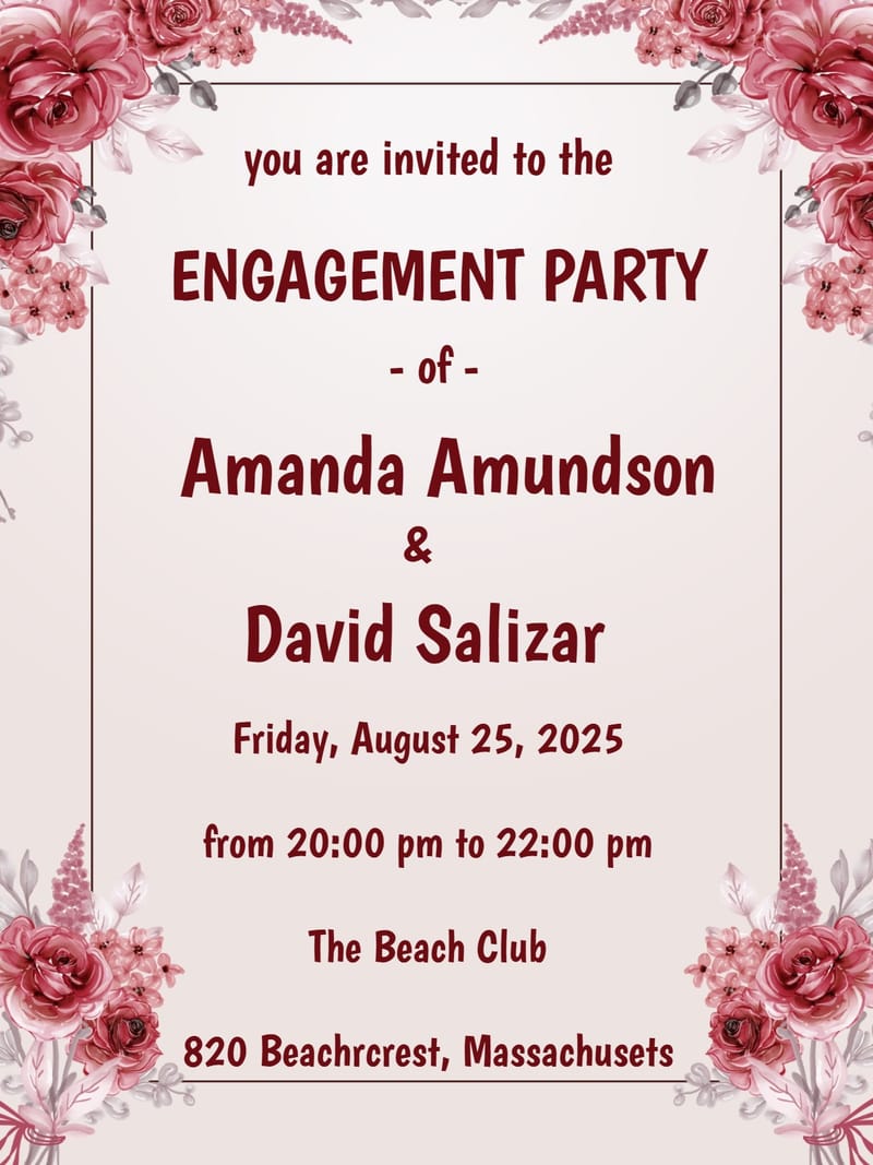 Cream engagement party invitation with watercolor crimson and pink rose corner arrangements.
