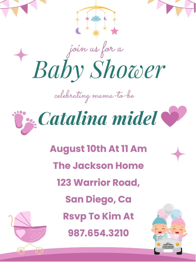 Baby shower invitation with teal script, bunting, pink pram, and baby mobile.