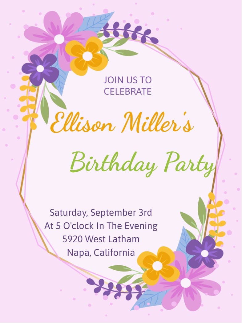 Pink birthday invitation with floral clusters, geometric oval frame, and gold script text.