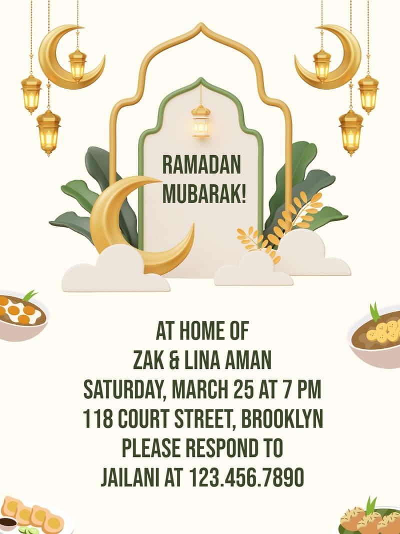 Ramadan Mubarak invitation with gold arch, crescent moons, lanterns, and food illustrations.