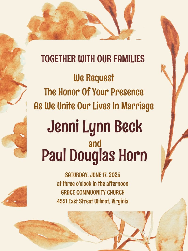 Rustic wedding invitation with amber watercolor floral border on cream background.