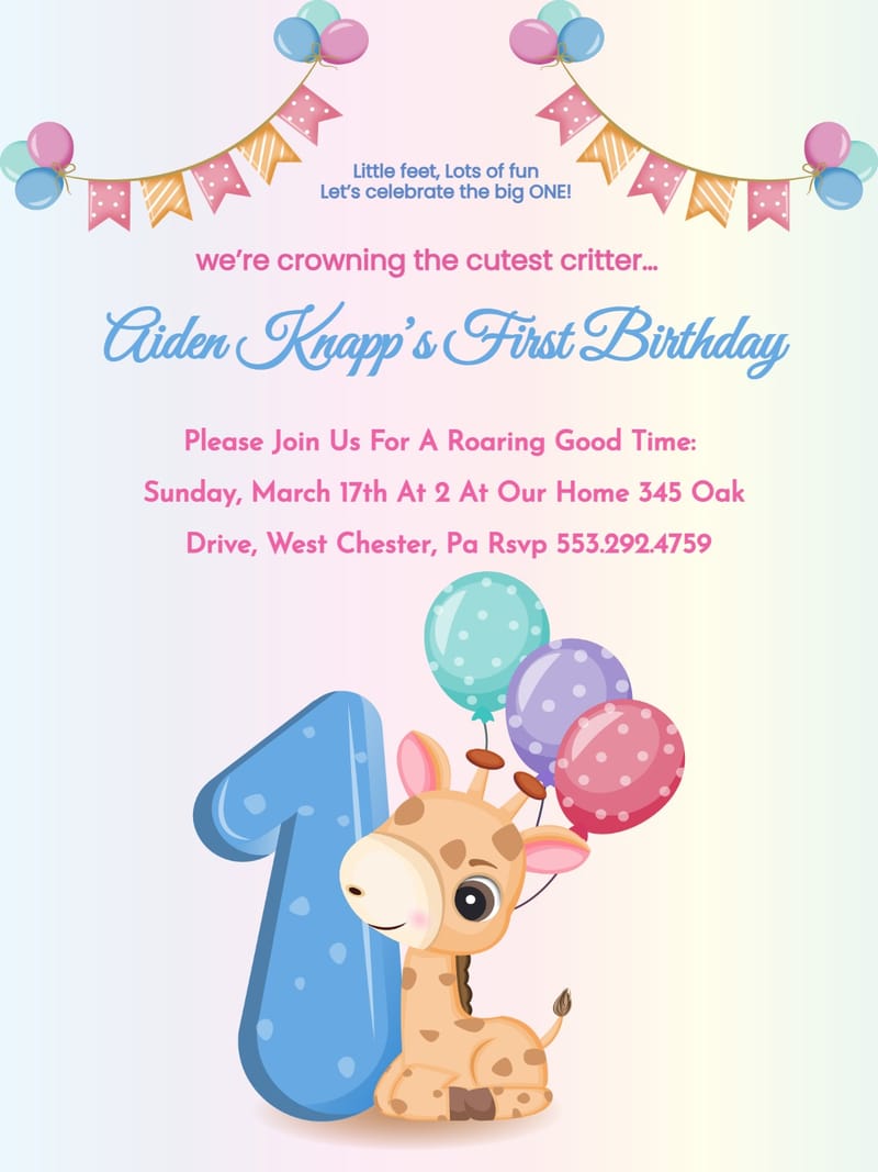 Modern 1st birthday â ziraf 1st birthday invitation Template e-card design