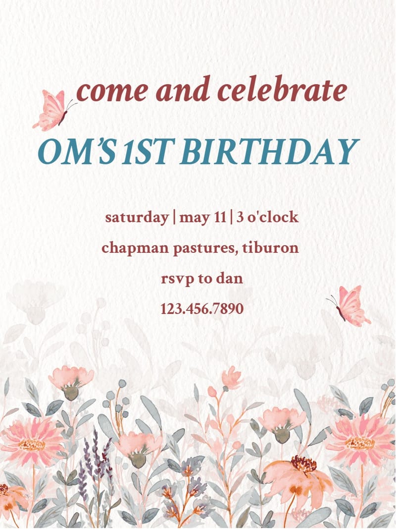 Birthday invitation with pink watercolor wildflowers, butterflies, and teal bold text.
