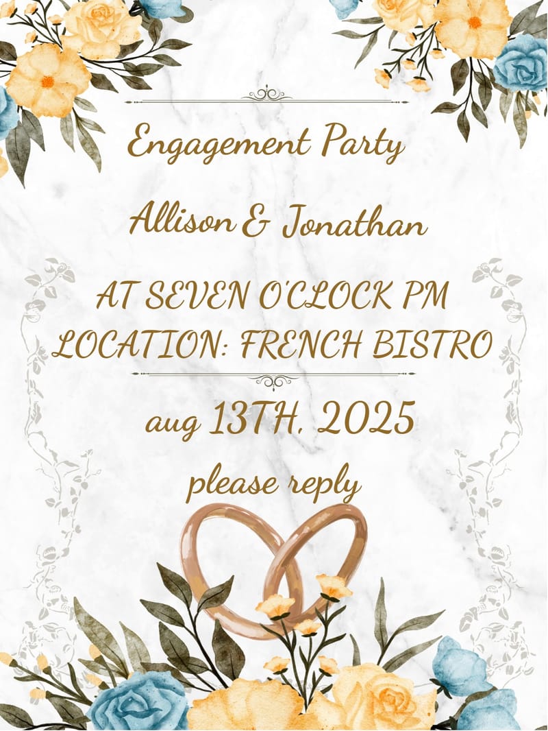 Engagement party invitation with marble background, yellow and blue watercolor florals, and intertwined gold rings.