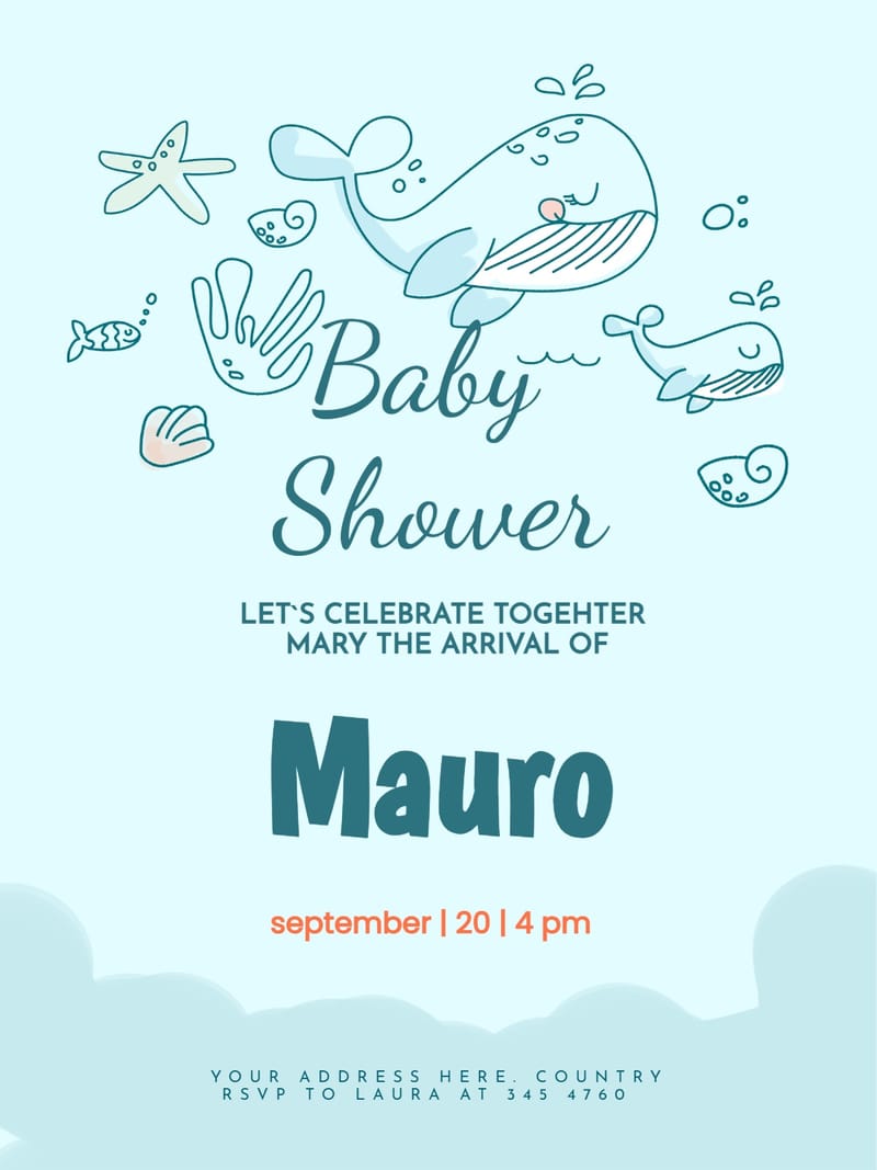 Baby shower invitation with teal whale drawings, script text, and aqua background.