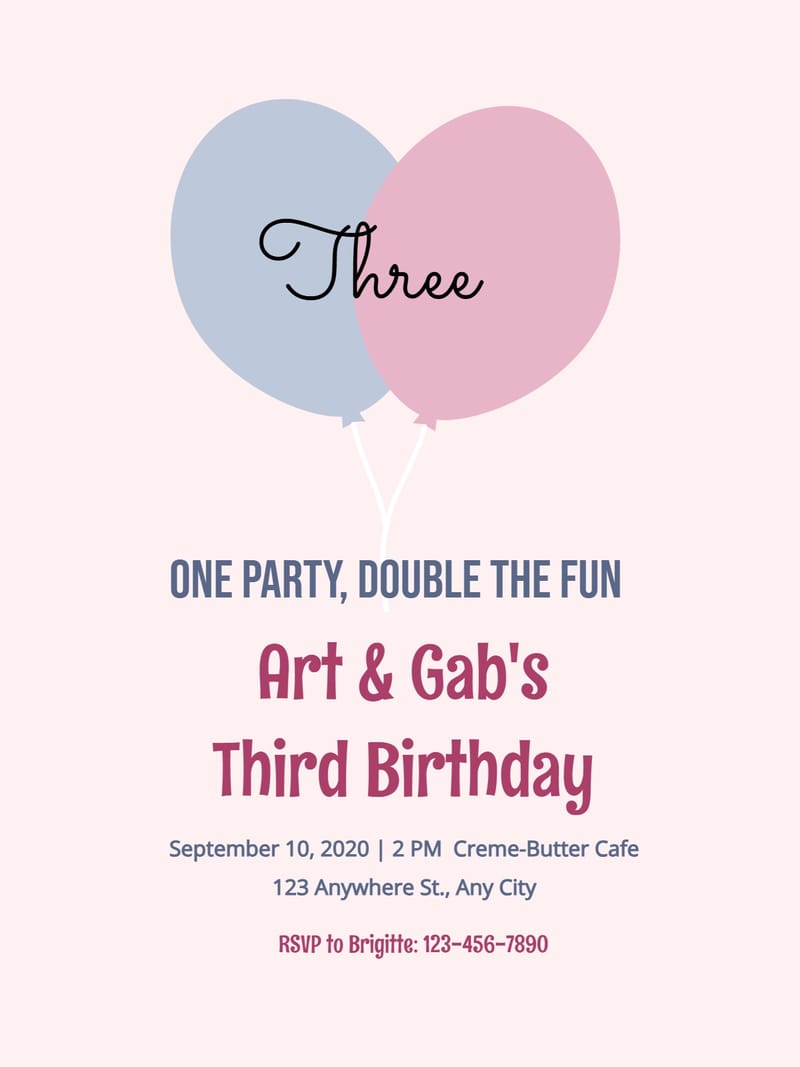 Modern kids birthday â balloons twins birthday invitation Card e-card design