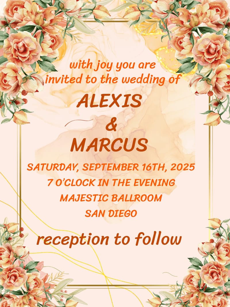 Peach wedding invitation with coral watercolor roses, gold borders, and orange italic text.