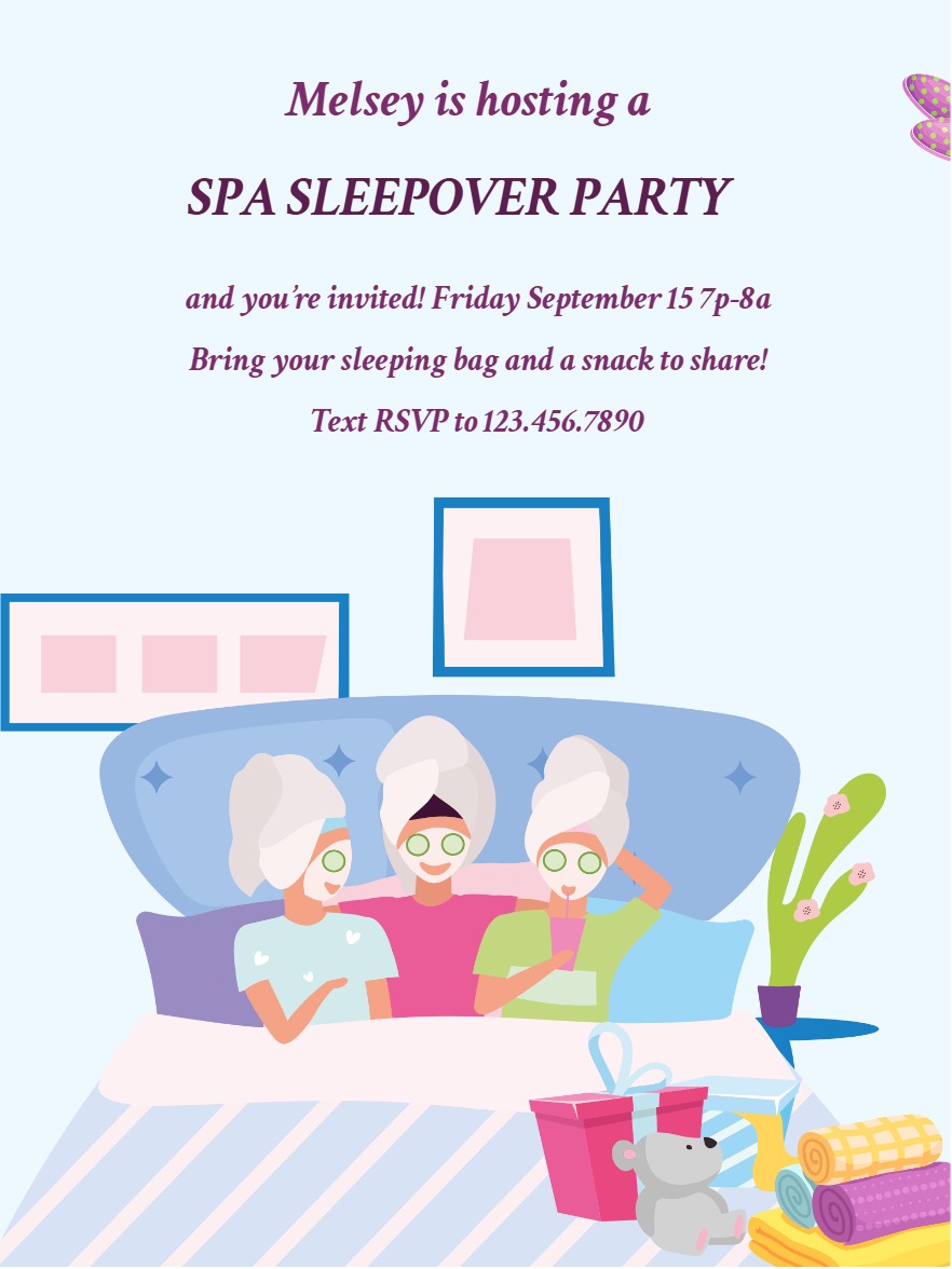 Elegant digital sleepover birthday invitations card â spa sleepover birthday invitation Template template