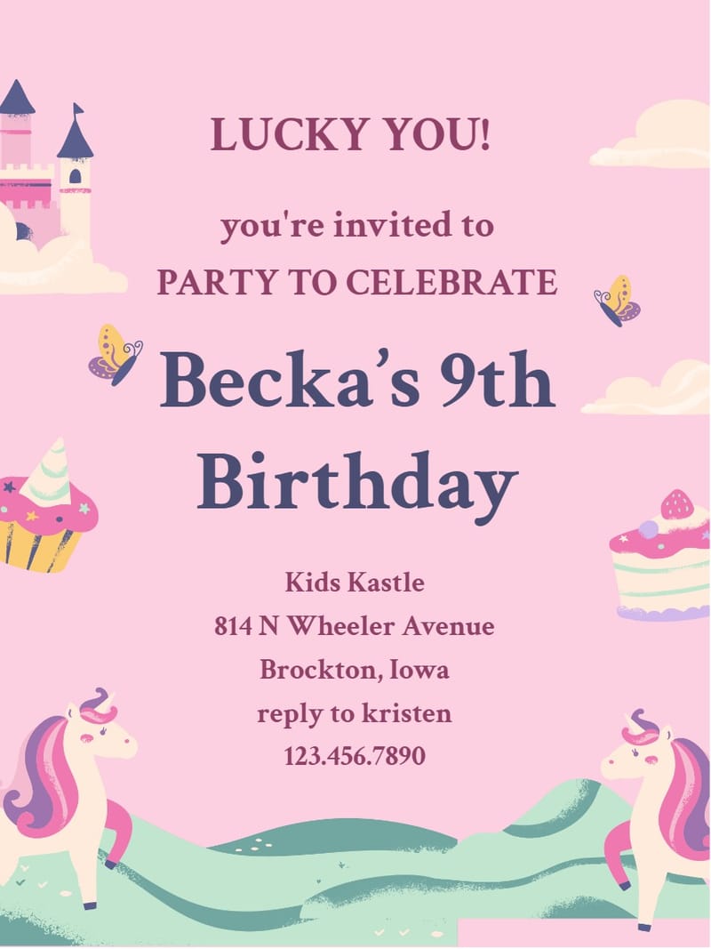 unicorn theme birthday invitation Template themed birthday card design for events