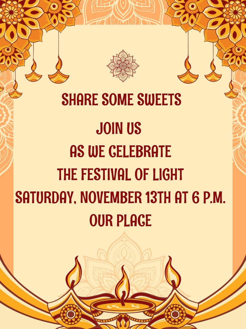 Diwali party invitation with mandala borders, oil lamps, and bold red text on cream.