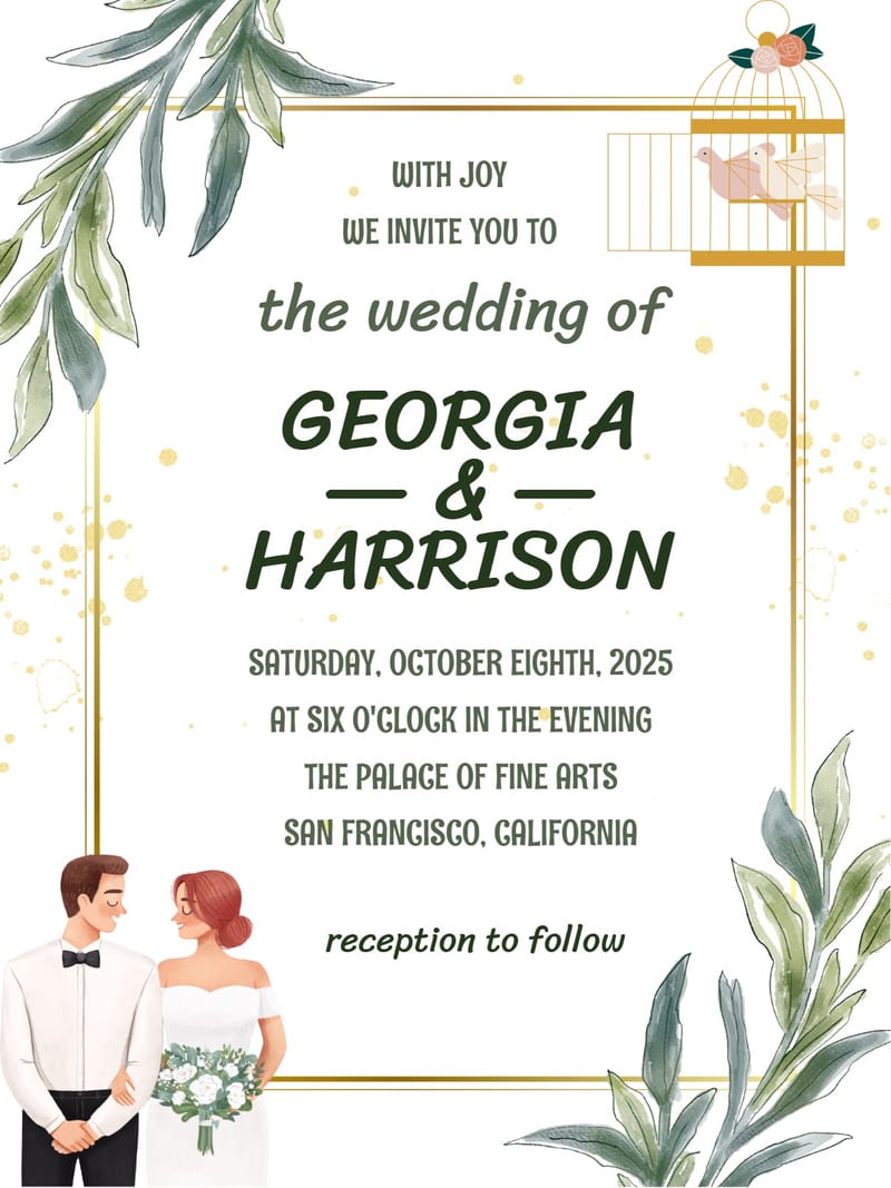 Wedding invitation with gold birdcage, watercolor greenery, illustrated couple, and bold green text.