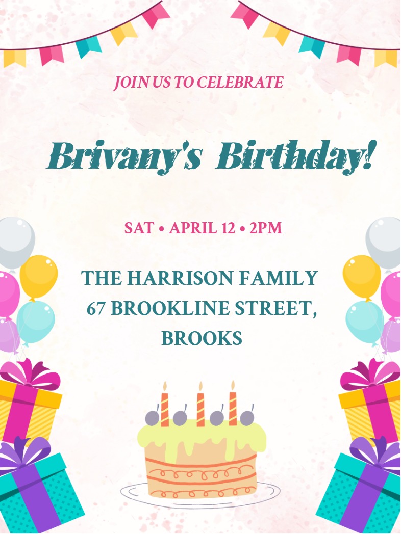 Birthday invitation with balloons, gift boxes, bunting flags, and a layered cake.