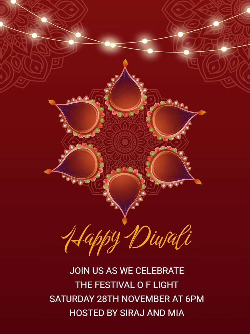 Crimson Diwali invitation with five jewelled diyas, string lights, and gold script.
