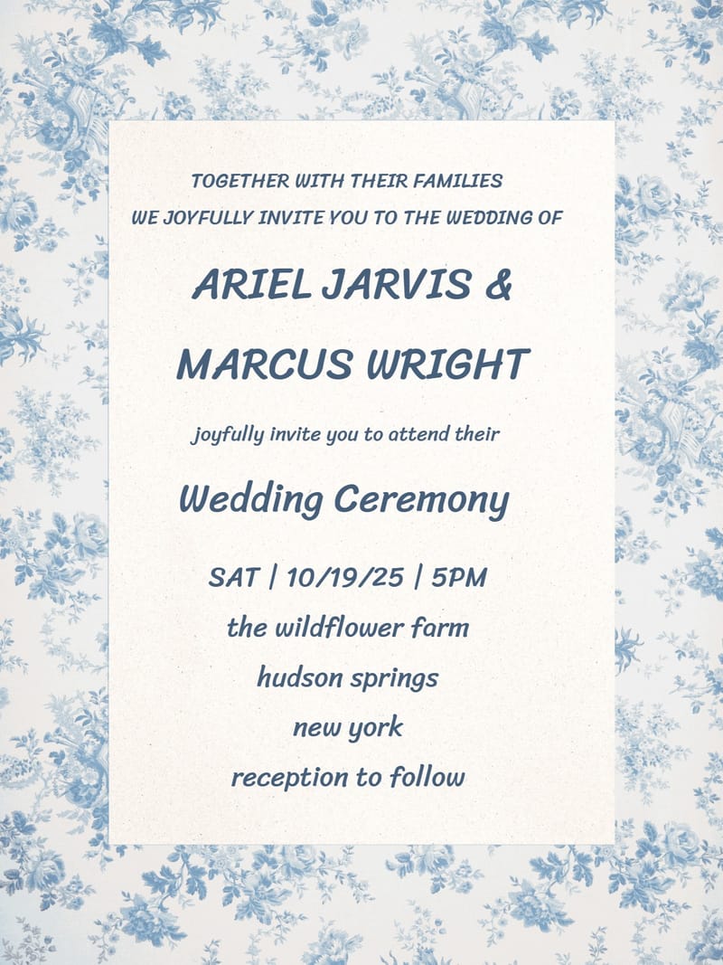 Blue toile floral border wedding invitation with bold italic names and ceremony details.