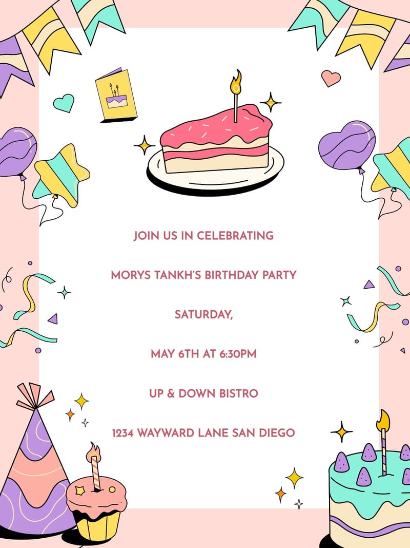 Birthday party invitation with cake slice, balloons, bunting flags, and pink text.
