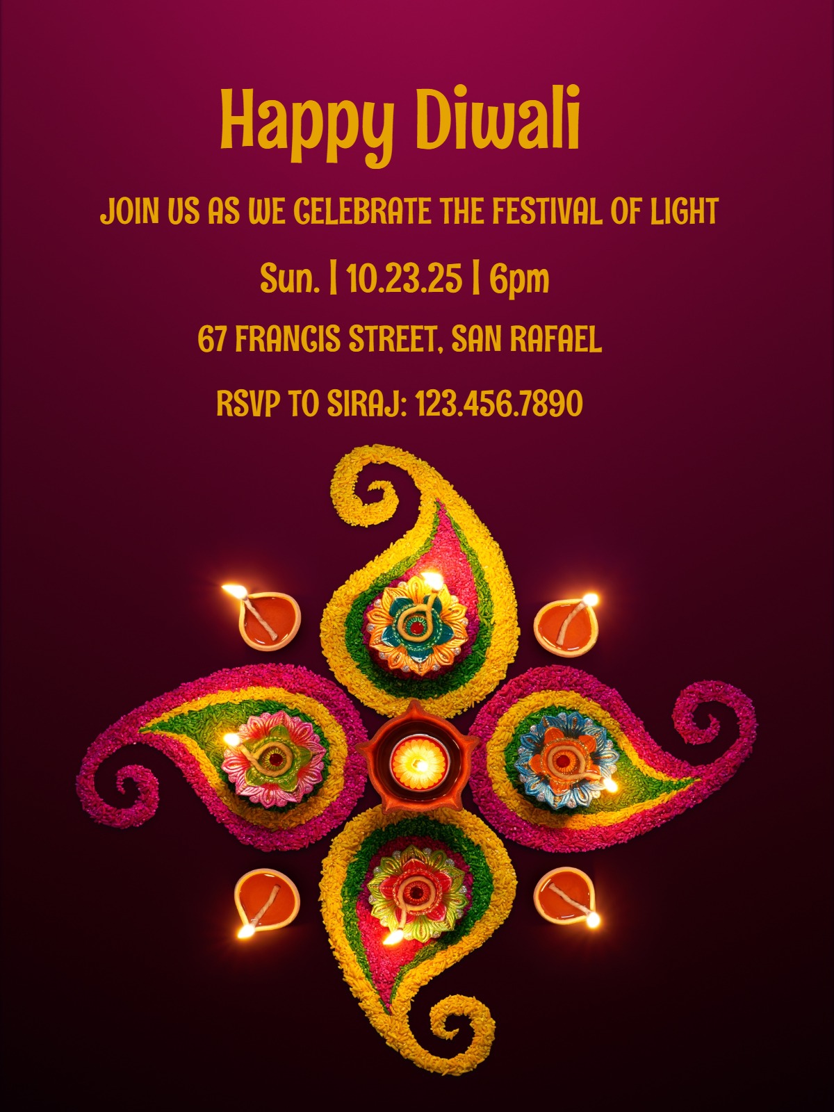 Elegant digital diwali party invitations â rangoli diya diwali party invitation Card template