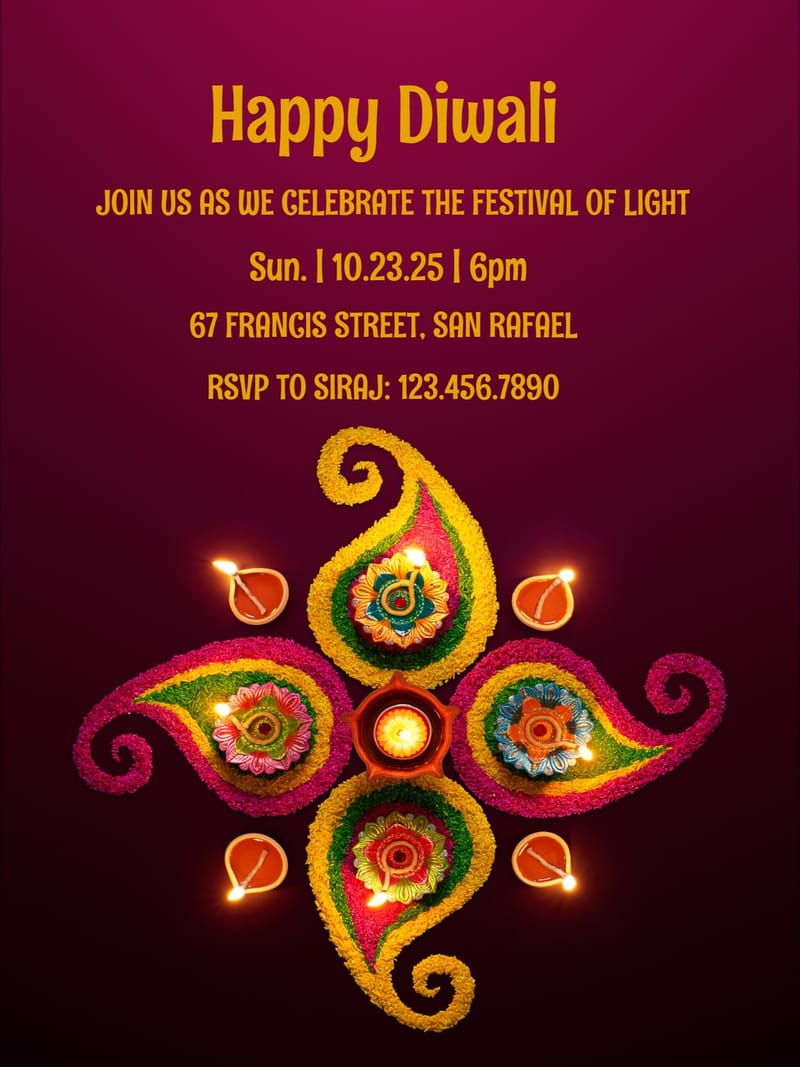 Diwali invitation with colorful rangoli, lit clay diyas, and gold text on burgundy.