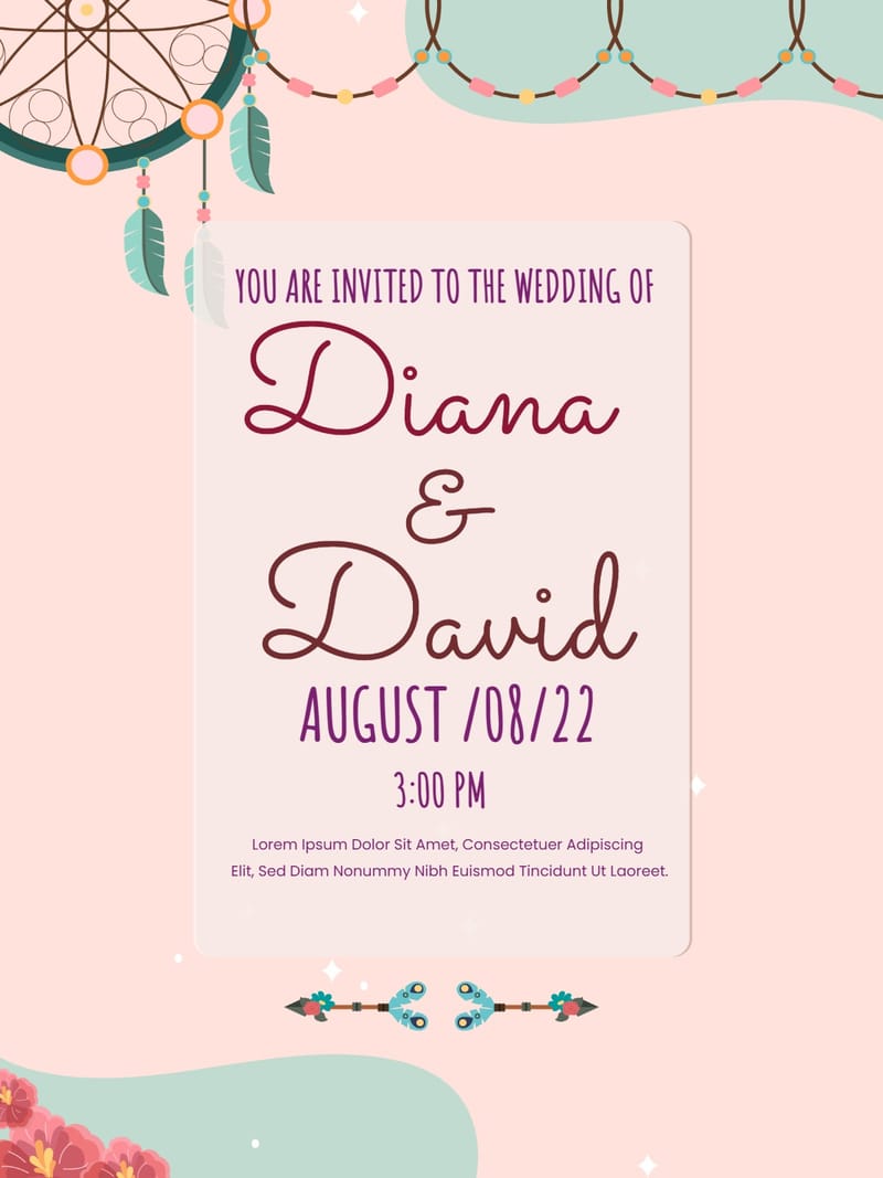 Boho wedding invitation with dreamcatcher, teal feathers, beaded garlands, and cursive text on pink.
