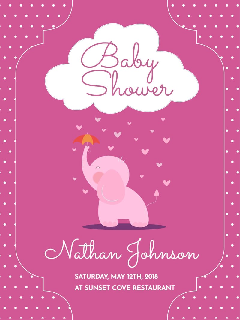 Pink baby shower invitation with cartoon elephant, umbrella, hearts, and script text.