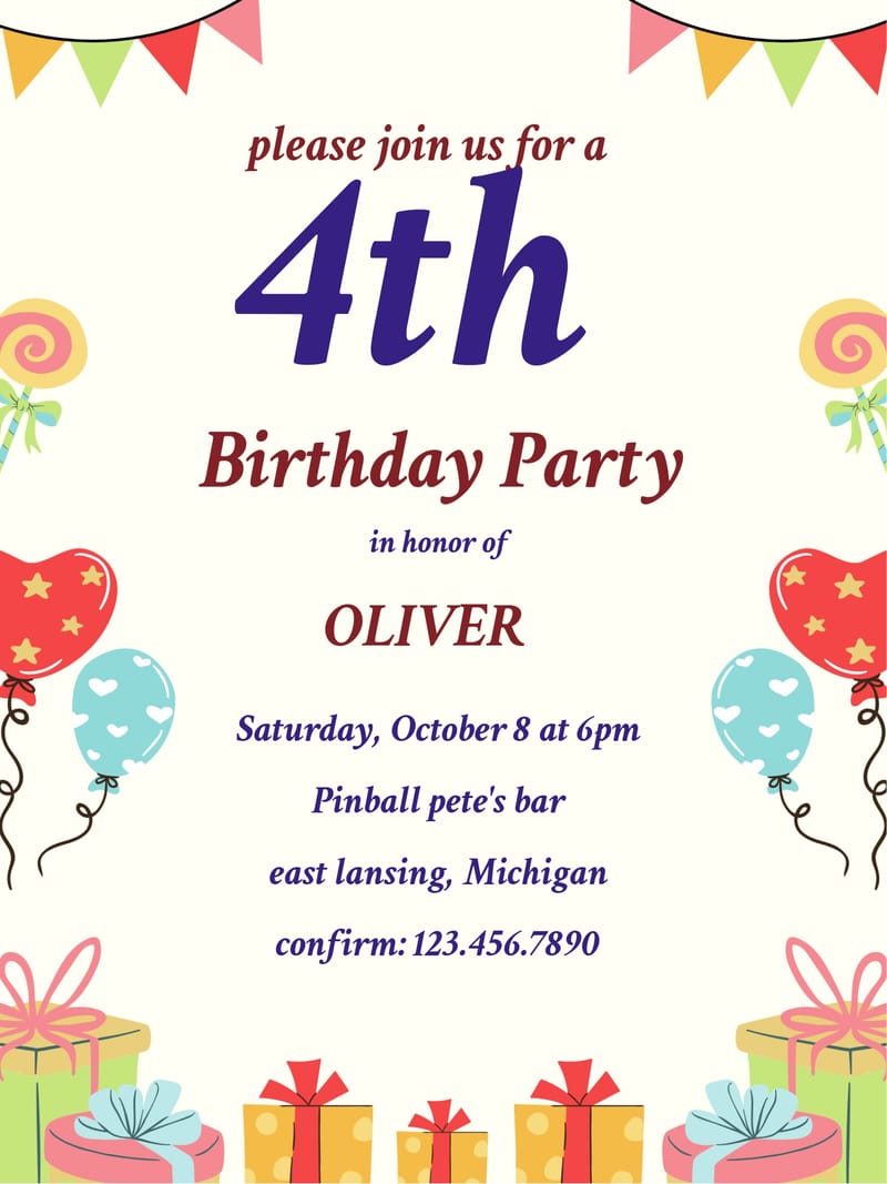 Birthday invitation with bunting, lollipops, balloons, and stacked gift boxes on cream background.