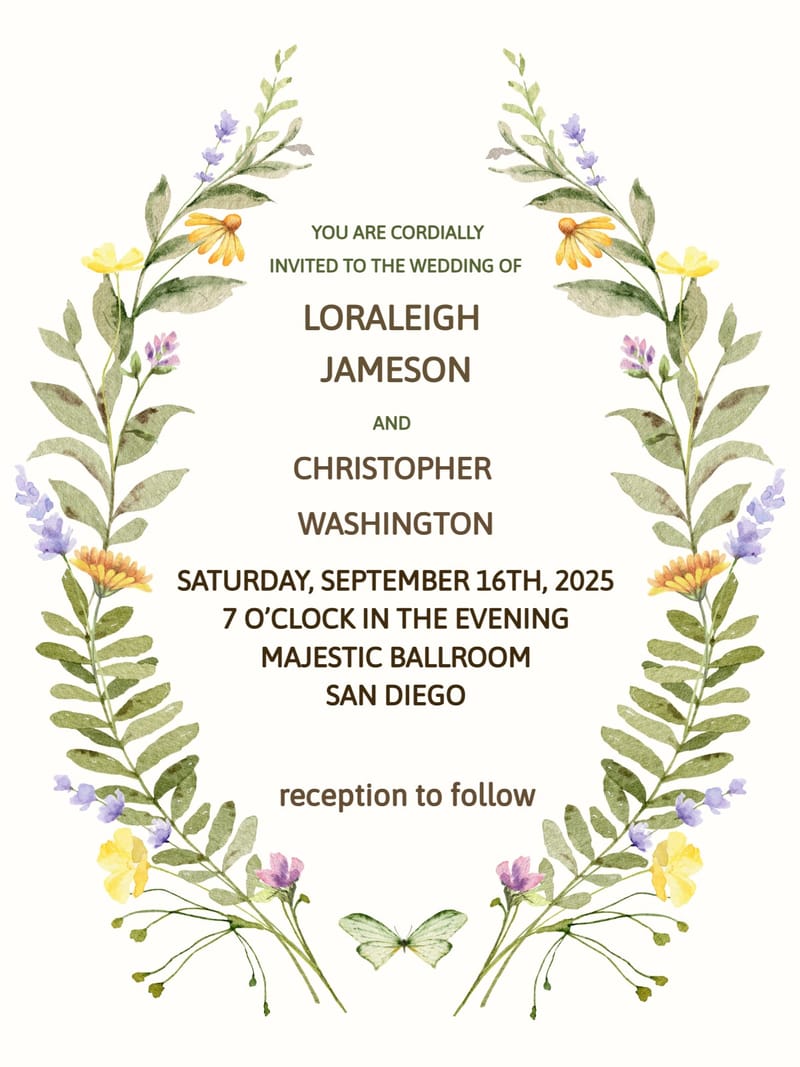 Wedding invitation with symmetrical watercolor wildflower garlands and a green butterfly.