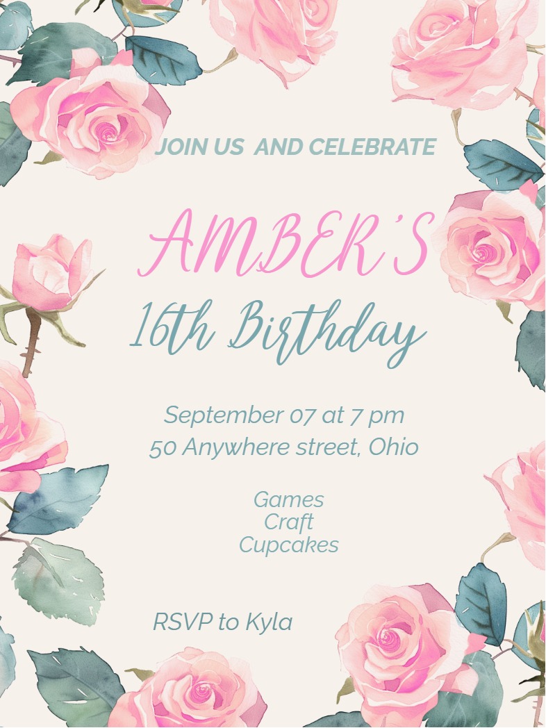 Elegant digital adult milestones card â Pink roses flower invitation Card template