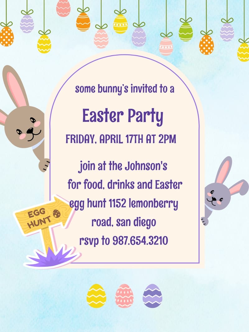 Easter party invitation with bunnies, hanging eggs, and cream arch text panel.