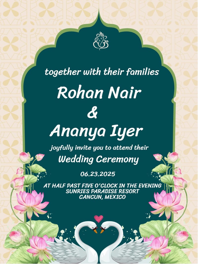Teal arched Indian wedding invitation with lotus flowers, swans, and Ganesha motif.