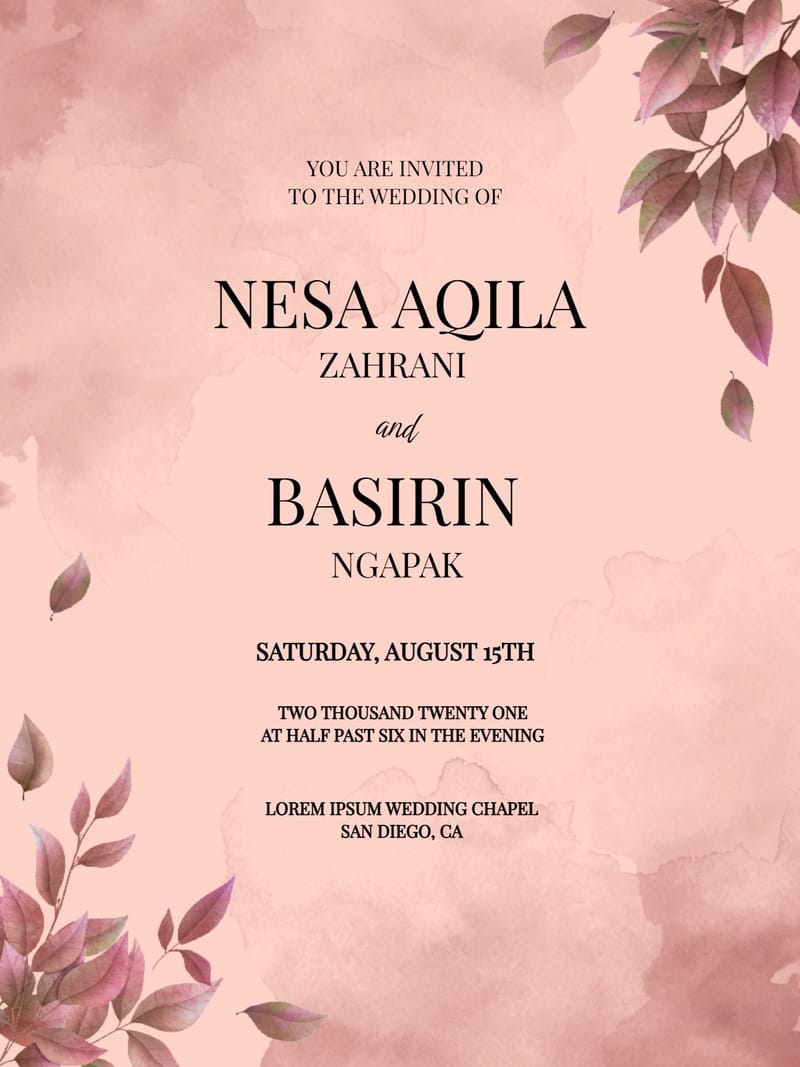 Blush pink watercolor wedding invitation with burgundy leaf clusters and bold serif names.