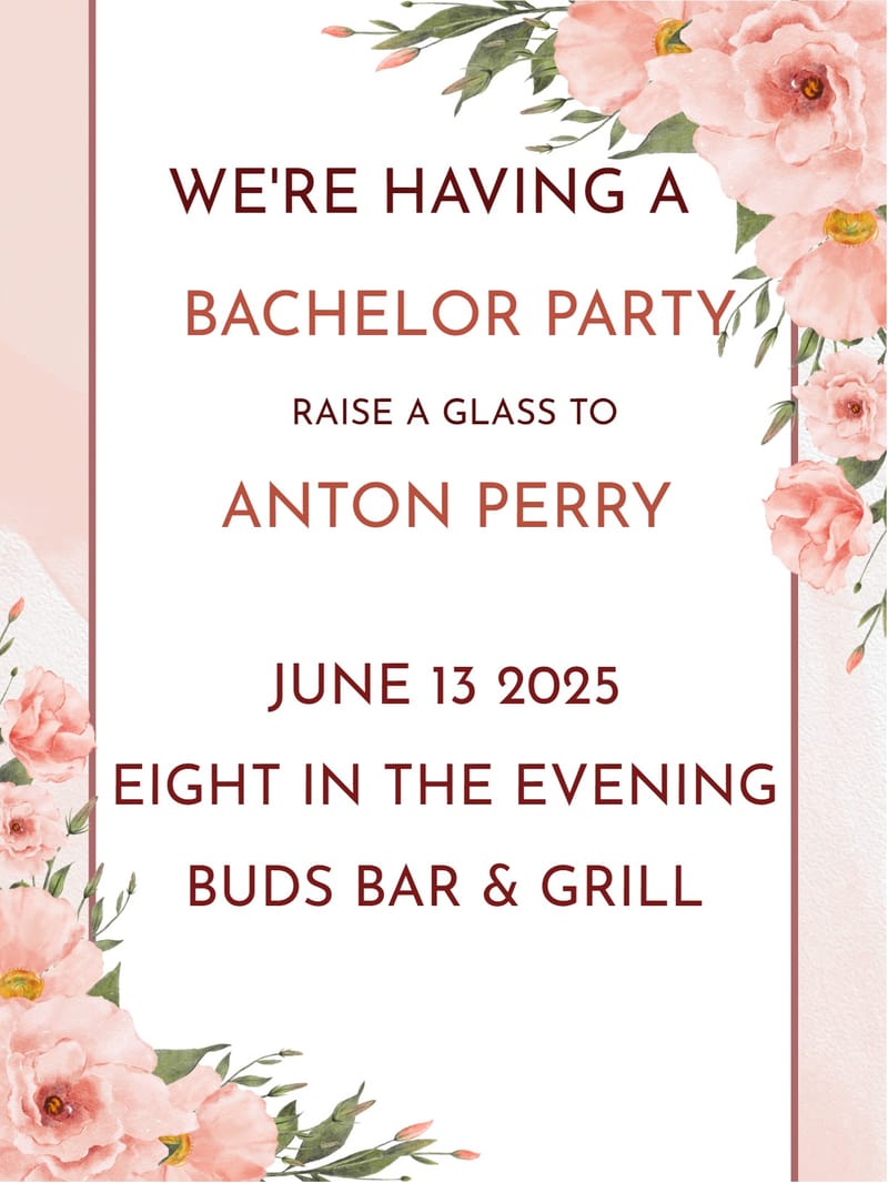 Blush watercolor floral bachelor party invitation with burgundy and coral typography.