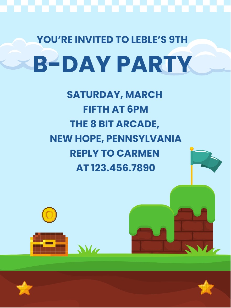 Modern gaming birthday invitation invite â cloudy gaming birthday invitation Template e-card design