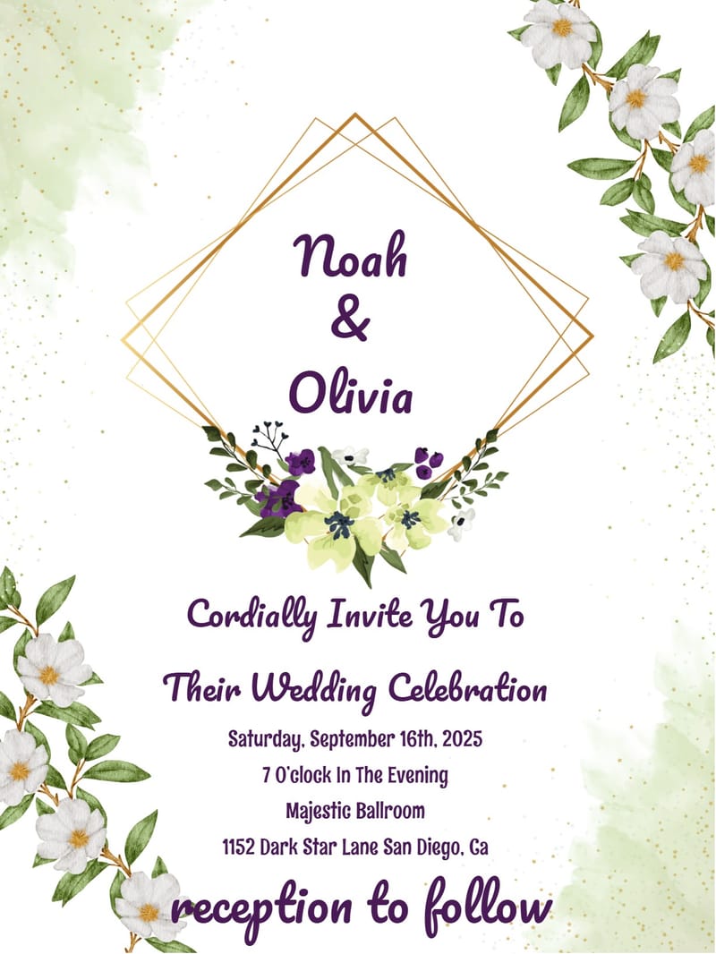 Wedding invitation with gold diamond frames, purple script names, and watercolor floral botanicals.