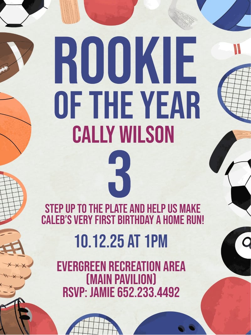 Elegant digital nan card â rookie sports birthday invitation Template template