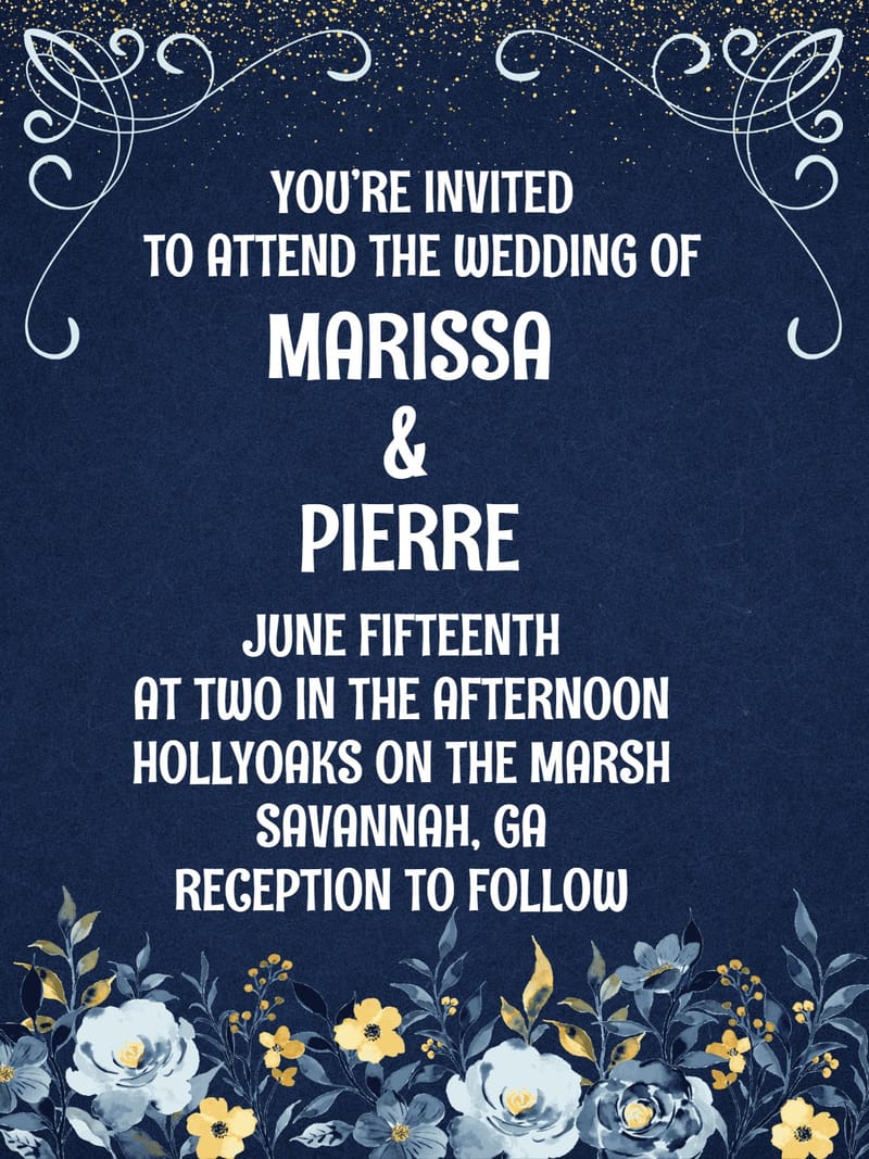 Navy wedding invitation with gold confetti, white scrollwork, and watercolor floral border.