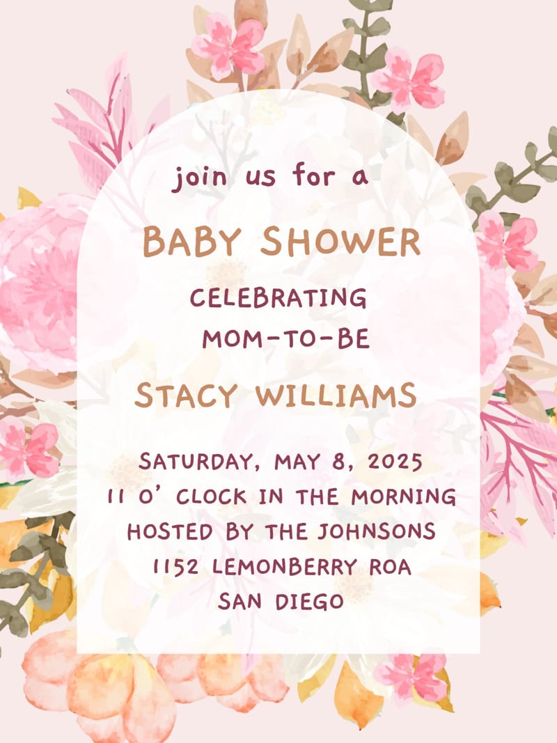 Blush pink watercolor floral baby shower invitation with white arch text panel.
