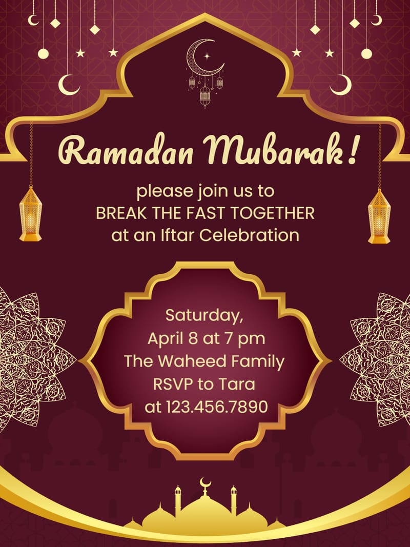 Burgundy and gold Ramadan Mubarak Iftar invitation with arch, lanterns, and mosque.