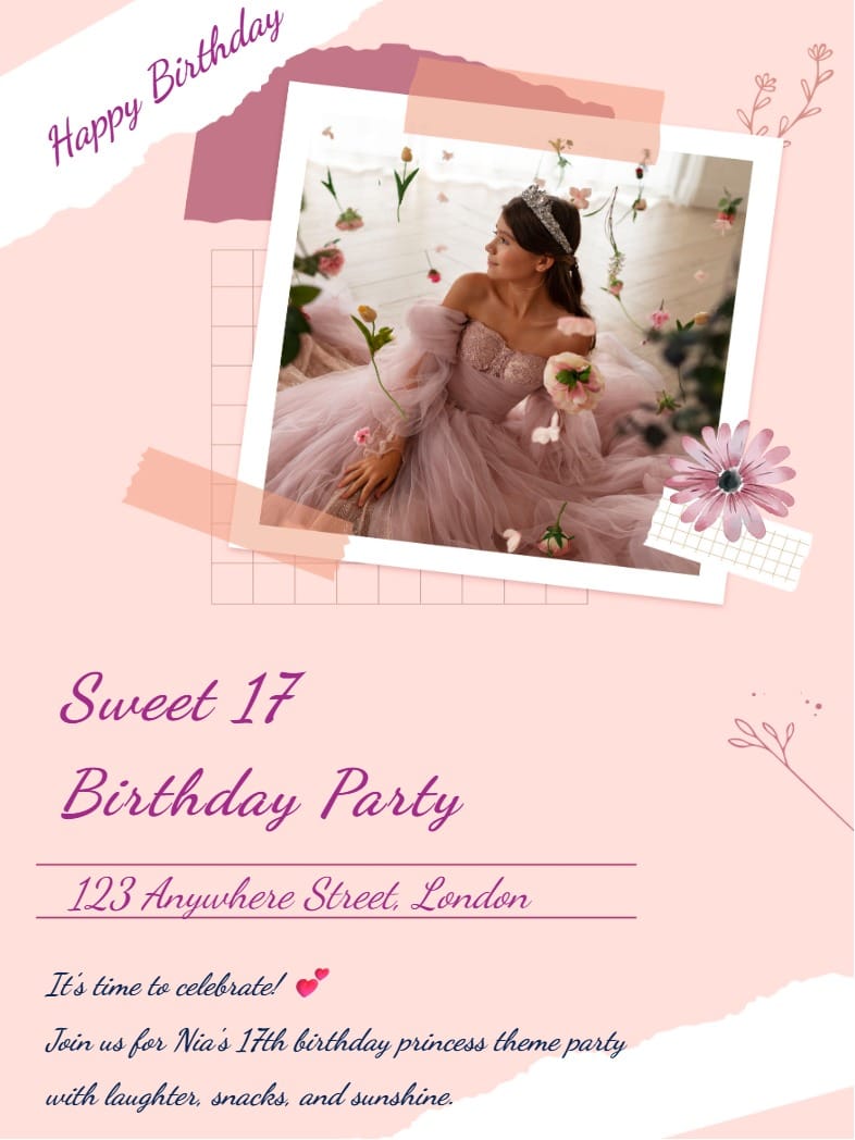 Blush pink Sweet 17 birthday party invitation with polaroid photo and floral decorations.