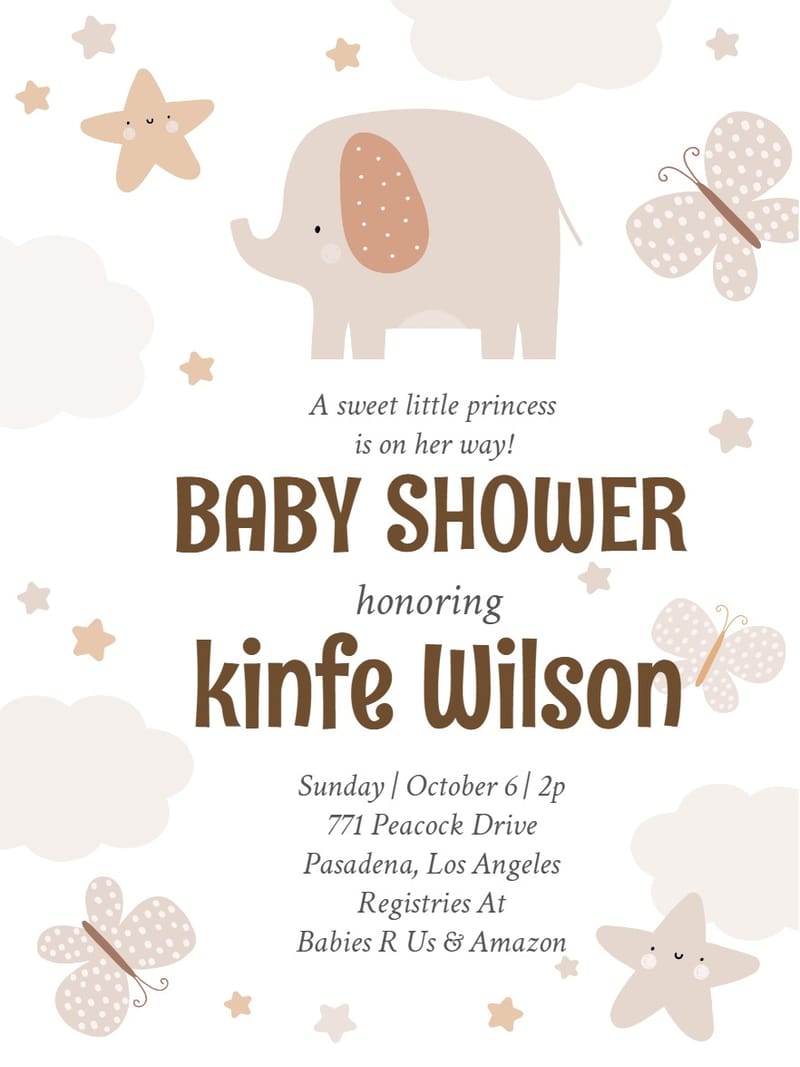 Beige boho baby shower invitation with elephant, butterflies, stars, and clouds.