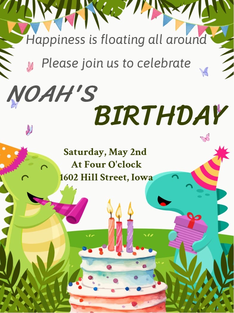 Birthday invitation with two party-hat dinosaurs, a layered cake, and tropical leaf borders.