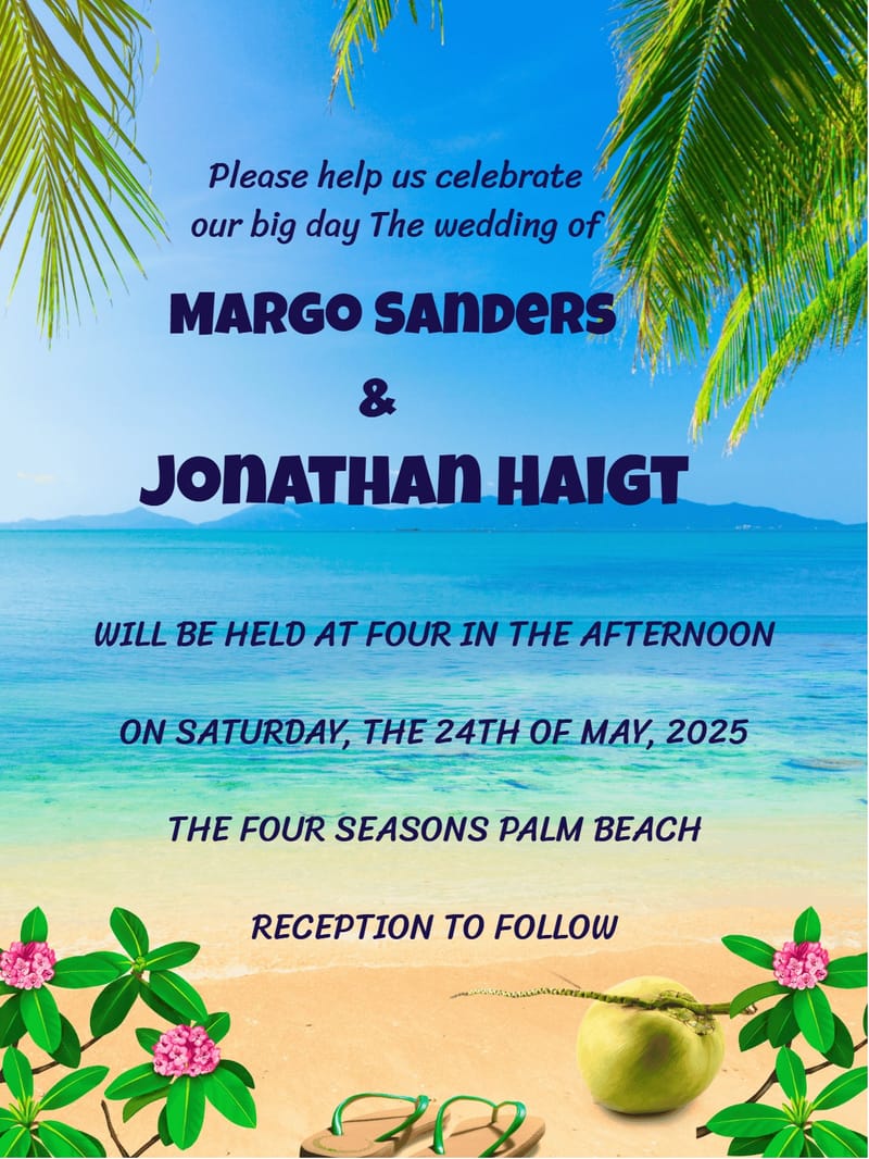 Beach wedding invitation with palm trees, turquoise ocean, pink flowers, and bold navy text.